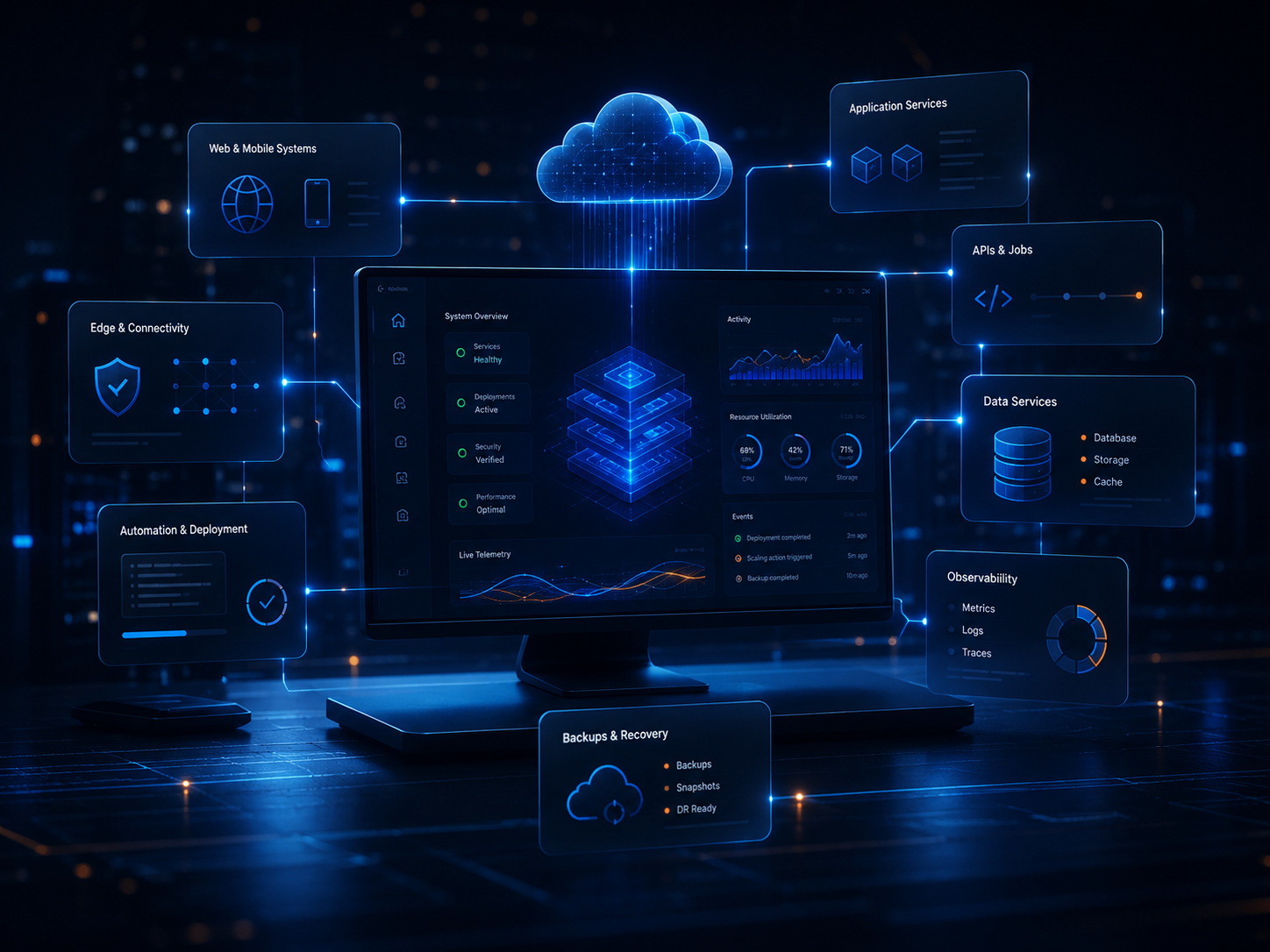Professional cloud operations architecture showing web and mobile systems, edge connectivity, application services, APIs, data services, observability, automation, deployment, backups, and recovery.