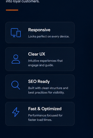Website redesign priorities highlighting responsive design, clear user experience, SEO readiness, and fast optimized performance.