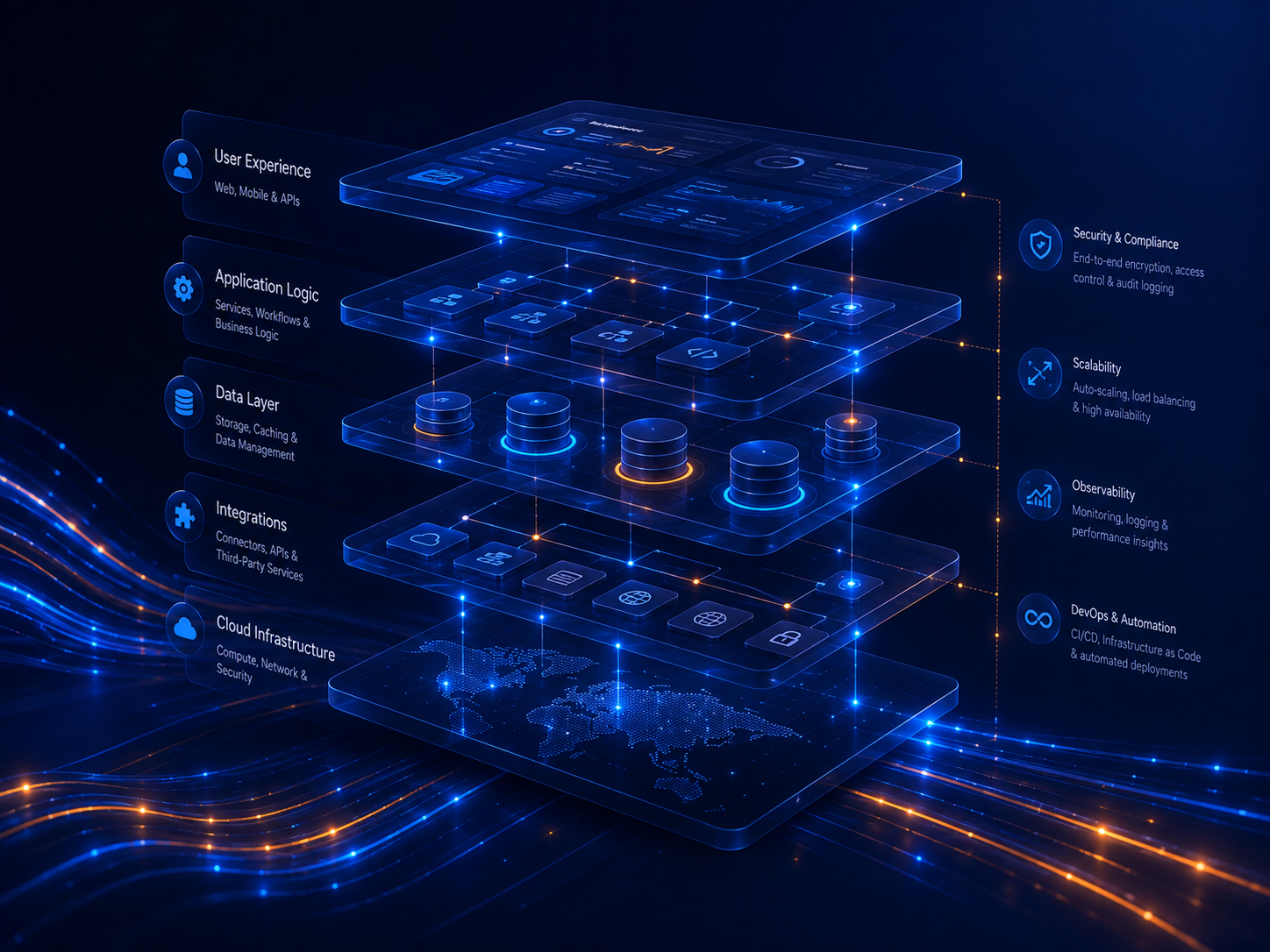 Layered software architecture visualization showing user experience, application logic, data, integrations, and cloud infrastructure