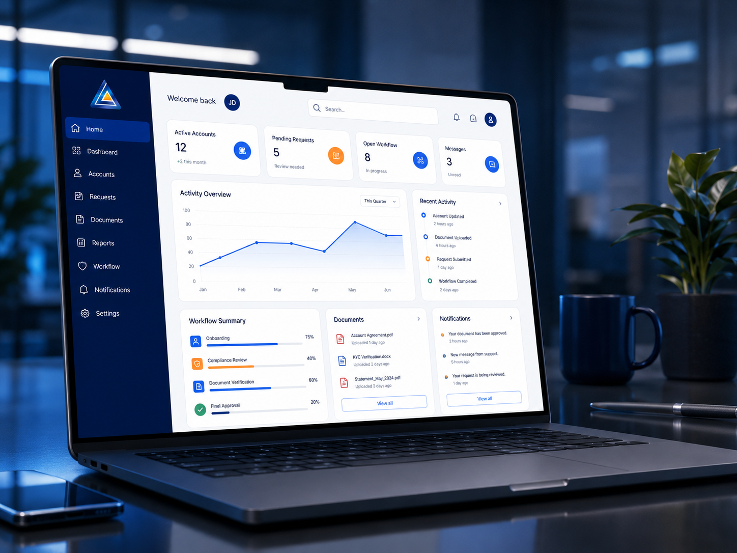 Representative customer portal and dashboard with SaaS-style web application interface