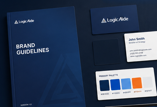 Brand system showing coordinated logo usage, primary color palette, typography, and visual identity rules.