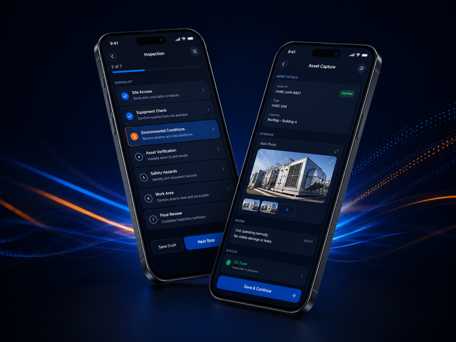 Professional mobile inspection application showing field checklist, asset capture, photo evidence, notes, status, and offline-friendly task completion.
