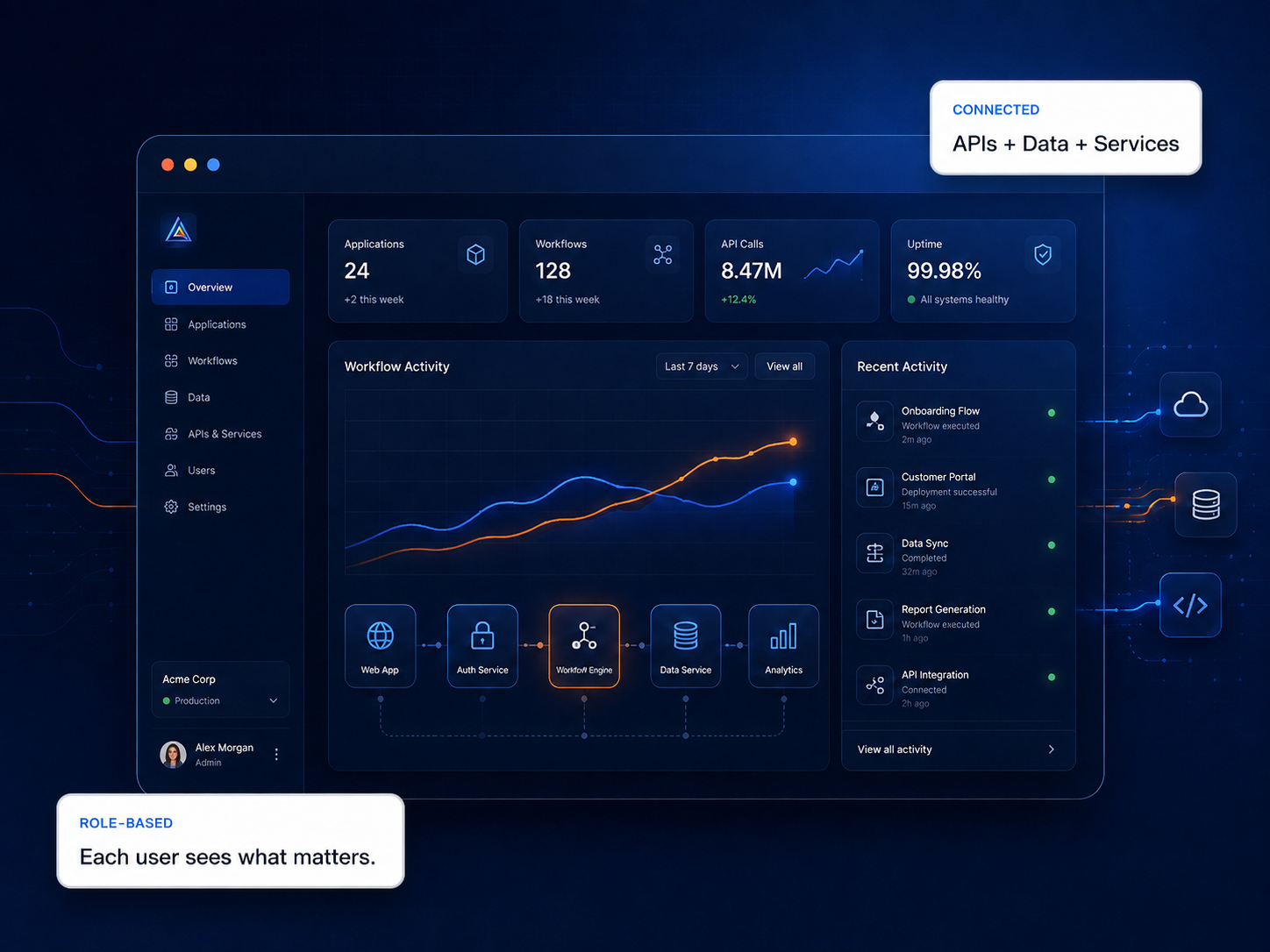 Professional web application dashboard showing workflows, APIs, data, analytics, recent activity, and the role-based and connected-system labels.