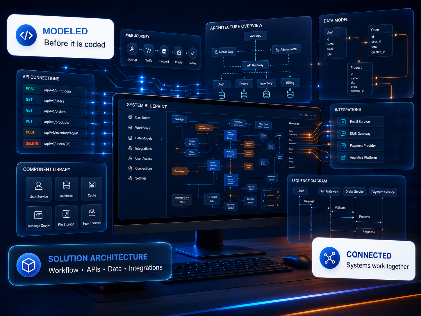 Detailed custom software system architecture workspace with workflows, APIs, data models, integrations, and application components