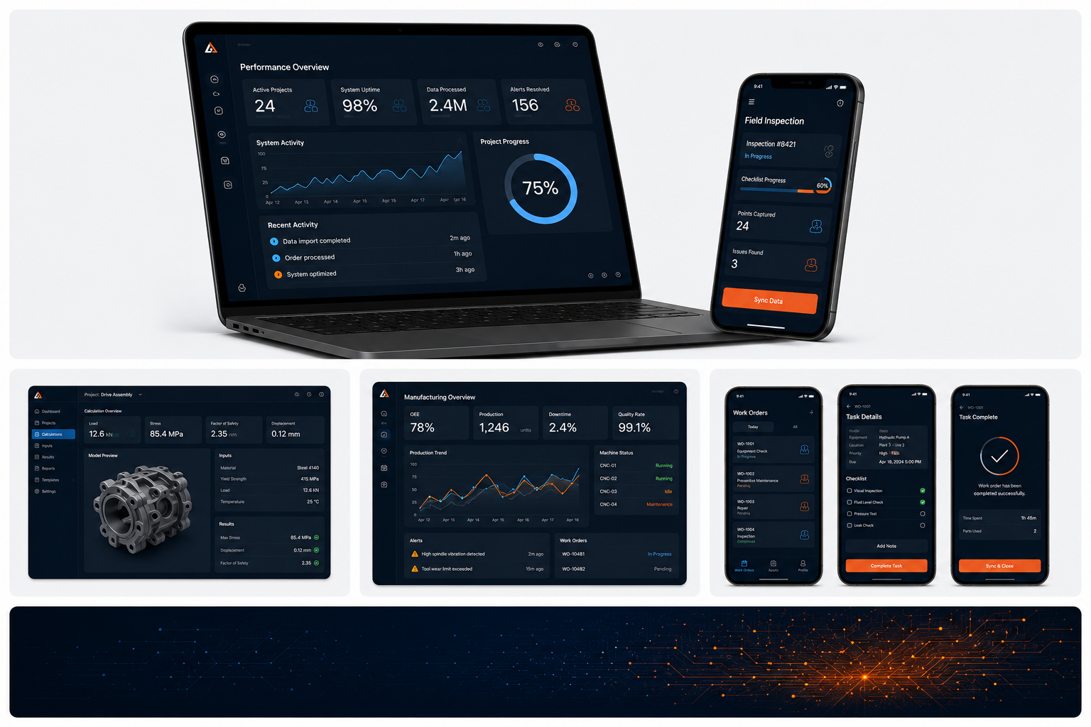 Professional software product interfaces across desktop and mobile showing connected dashboards, engineering tools, and operations