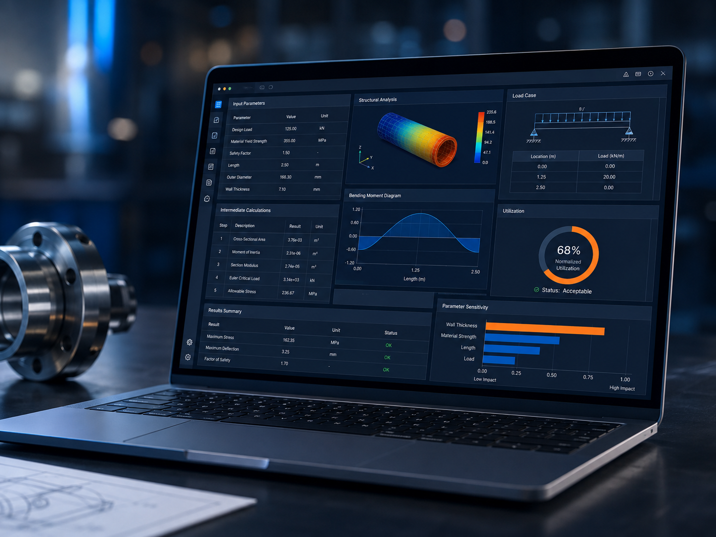Technical software engineering workspace with analysis and advanced digital interfaces