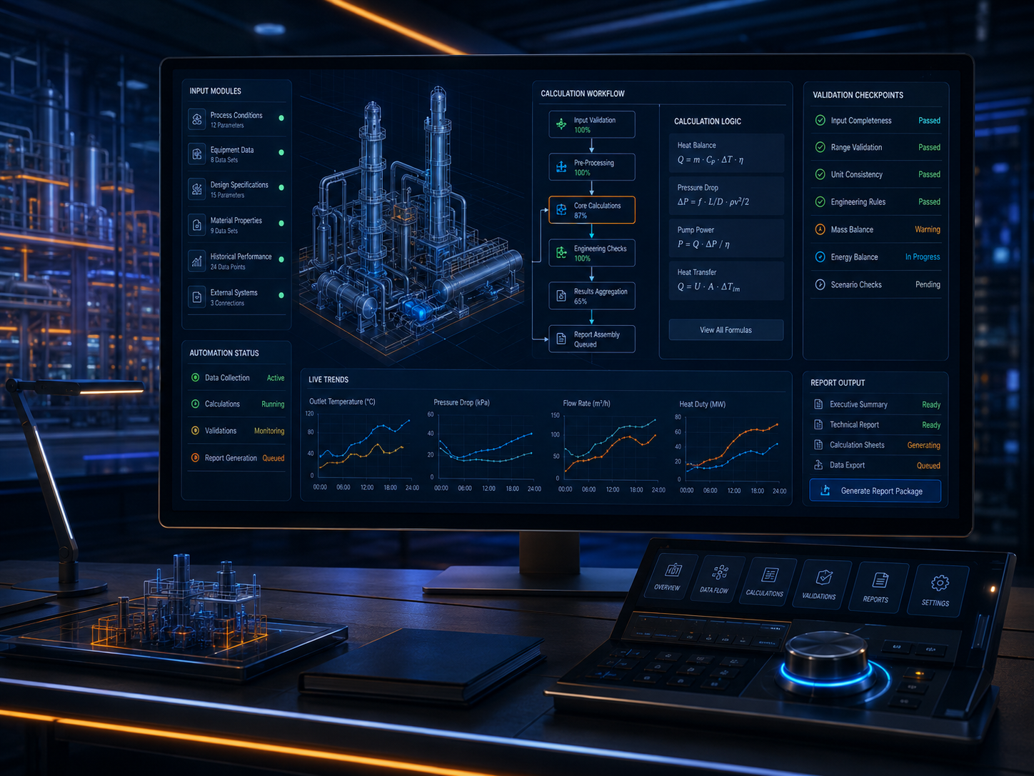 Professional industrial engineering calculation and automation dashboard with technical inputs, calculation workflow, validation checkpoints, live trends, and report output