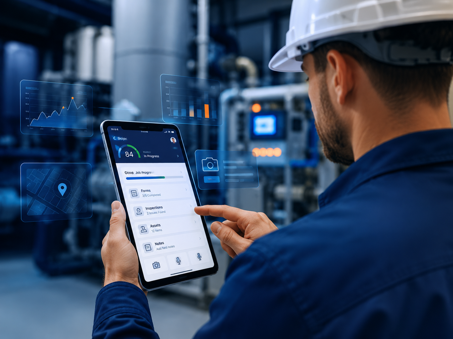 Representative field service mobile application used by a technician with operational workflow and technical data