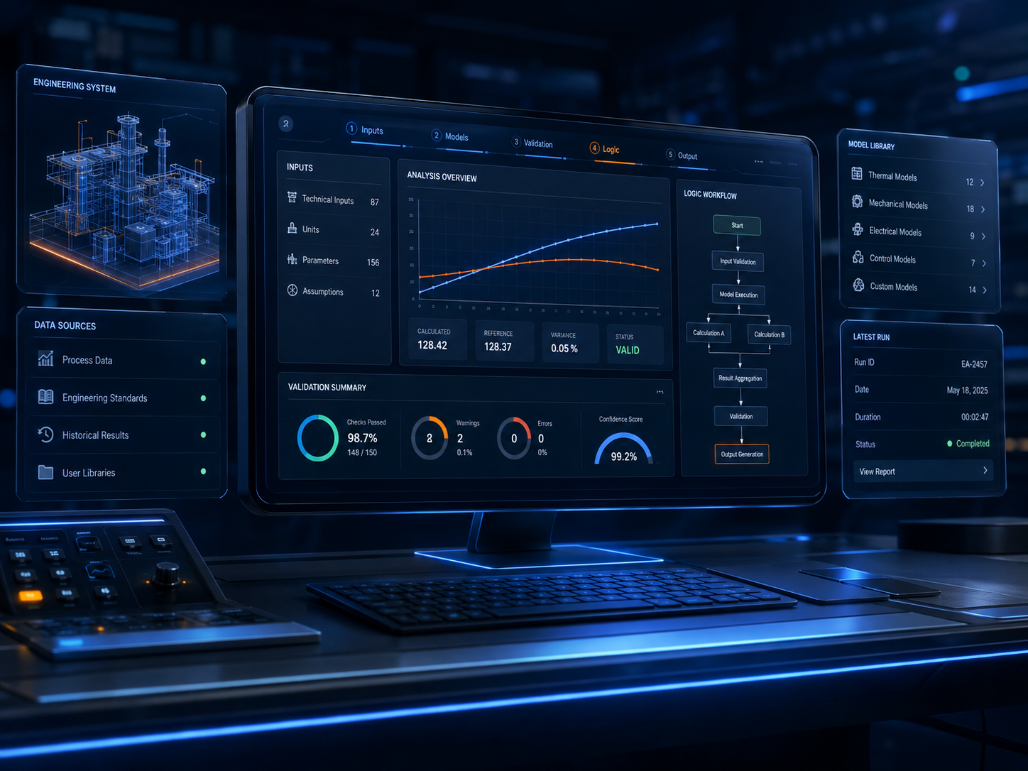 Professional engineering analytics control room with technical inputs, model workflow, validation, engineering calculations, system status, and reporting